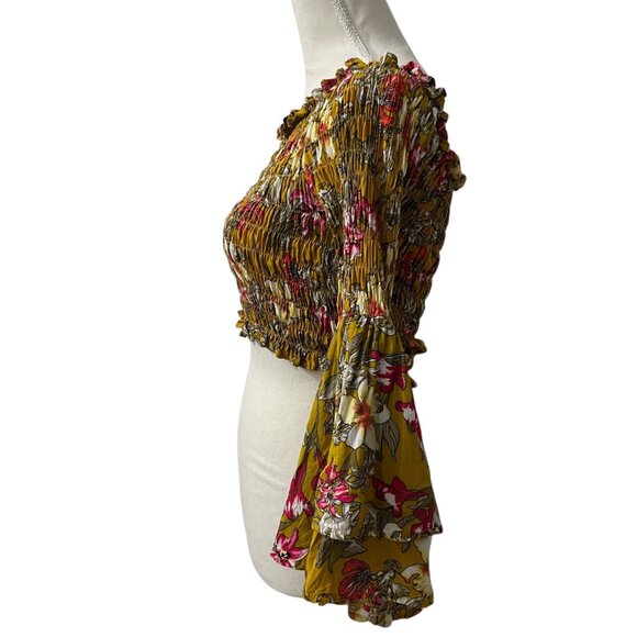 ETwo Floral Smocked Off Shoulder Bell Sleeve Fairy Cottage Boho‎ Crop Top  S - Picture 3 of 10